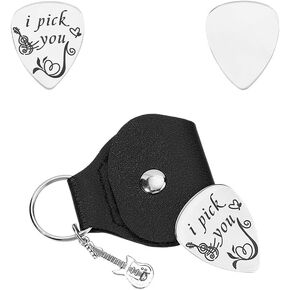 UNICRAFTALE I Pick You Guitar Picks Gifts 1pc Stainless Steel Guitar Pick Keychain Plectrum Guitar Accessories Gifts with Sandy Brown PU Leather for Guitar Player Musician Husband