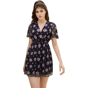 Superband Women's Mini Dresses Casual Summer V Neck Chiffon Short Sleeves A Line Floral Dress