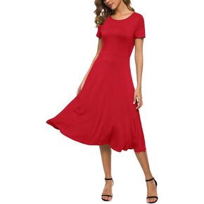 Women's Casual Round Neck Short Sleeve Midi Dress Solid Stretchy Waist Knee Long Dress