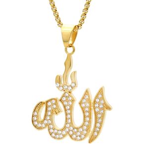 18K Gold Plated Iced Out Stainless Steel Allah Sign Pendant Arabic Necklace
