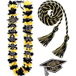 Lyrow 2 Pcs Class of 2025 Graduation Leis with Kukui Nut Leis Beads and Honor Cord 2025 Graduation Ribbon Hawaiian Necklace Gift for Graduates Senior