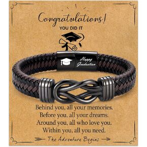 Graduation Gifts for Him, Class of 2025 High School College Graduation Gifts for Son, Grandson, Nephew, Brother, Adjustable Infinity Leather Bracelet for Men Boys