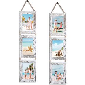 QUTREY 5x7 Collage Picture Frames, 3 Openings Hanging Photo Frame Set Display Vertical 5 by 7 inch Pictures for Wall Decor, Rustic Walnut Brown, 2 Pack