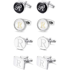 LOYALLOOK 4 Pairs R Letter Shirts Cufflinks, Alphabet Set, Fashion Dazzle Tuxedo Accessories for Men - Elegant Formal Wear for Weddings/Business - Silver/Black/gold