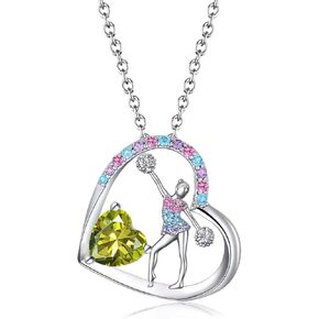 Birthstone Cheerleader Necklace Gifts for Girls Heart Rainbow Cheerleading Cheering Jewelry Pendant Sport Cheer Birthday Gifts for Kids Little Girl Daughter Granddaughter