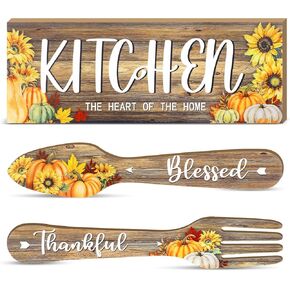 3 Pieces Kitchen Decor Gift Wooden Thankful Grateful Blessed Wall Decor Maple Pumpkin Hanging Wall Art Signs Fork and Spoon Rustic Farmhouse Sunflower Kitchen Decor for Home (Light Brown, Pumpkin)