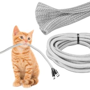 JOTO 15ft - 1/2 inch Cord Protector Wire Loom Tubing Cable Sleeve, Braided Cable Sleeve Split Sleeving Cord Management System for TV Computer Home Theater Office, Protect Pet from Chewing Cords –Grey