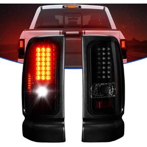 LED Tail Light + 3rd Brake Light Kit for Dodge Ram 1500 1994-2001, for Dodge Ram 2500 3500 1994-2002, Rear Brake Cargo Lamp Taillight Assembly, Black Housing Smoke Lens