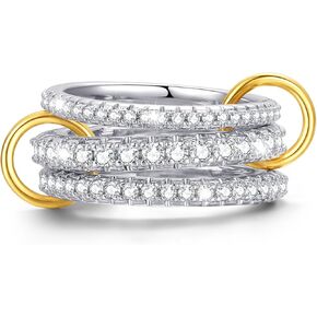 Sterling Silver Cubic Zirconia Stackable Rings for Women – Silver Gold Multi Ring Interlocked 3-Piece Set, Non-Tarnish Dainty Cubic Zirconia Bands Two-Toned Stacking Jewelry