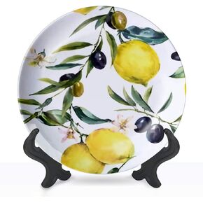 Decorative Plates Watercolor lemon olive branches seamless pattern hand drawn yellow Wall Decor Ceramic Ornament with Display Stand and Hook Up for Festival, Parties, Wedding 8", Collector Plate