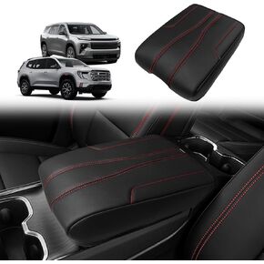 Muslogy Armrest Cover Center Console Cover Compatible with 2024 2025 GMC Acadia & Chevrolet Chevy Traverse Accessories Vegan Leather Arm Rest Middle Console Protector (Black/White Stitching)
