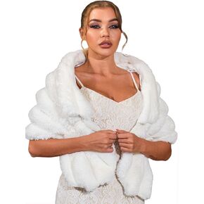 Aukmla Women Wedding Faux Fur Shawls and Wraps Bridal Fur Stoles Scarfs with Rhinestones Brooch for Bride and Bridesmaids