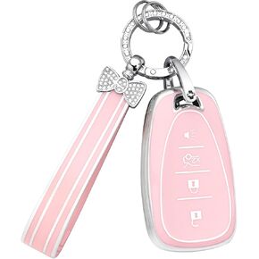 PIFOOG Key Fob Cover for Chevy 4 Buttons Pink Car Keys Shell Case Bling Keychain Protector Accessories for Equinox Malibu Trax Cruze LT Blazer Camaro Spark Traverse Trailblazer Girly Women Cute