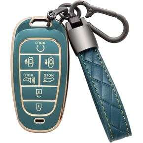 for Hyundai Key Fob Cover with Leather Keychain Soft TPU Full Protection Key Case Shell Holder Compatible with 2024 2023 2022 2021 Sonata Santa fe Tucson Nexo Palisade 7 Button, B-Black