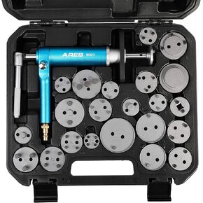 ARES 18023-23-Piece Brake Caliper Wind Back Tool Set - Pneumatic Design for Easy One-Person Use - Includes Compressor Tool and 22 Drive Key Disc Adapters - Storage Case Included