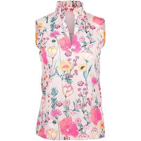 Floral Sleeveless Ruffle Collar Women's Shirt, Golf, UPF