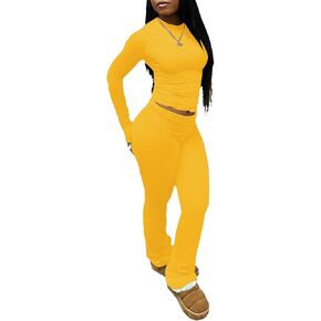 Women's 2 Piece Lounge Sets Crop High Wasit Foldover Flare Leggings Pants Casual Workout Outfits Tracksuit-Yellow-L