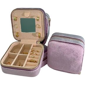 ZOYA JEWELRY DESIGN small Travel jewelry box case, organizer for men and women, boxes with ring,Earring, necklace storage, Gift for her velvet jewelry box, Ideal for jewelry (Pink)
