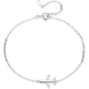 Cubic Zirconia Airplane Bracelet for Women 925 Sterling Silver Fly Plane Delicate Bracelets Minimalist Adjustable Statement Hypoallergenic Chain Jewelry