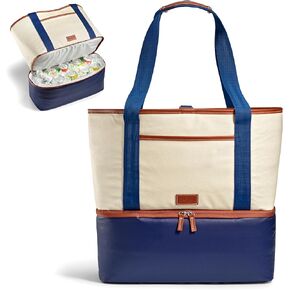 Fit & Fresh Narragansett 2-in-1 Tote with Cooler Compartment, Removable Accessory Pouch, Insulated Beach Bag, Leakproof, Water Resistant, Pool Essential, Holds 16 Cans, Navy