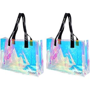 2 Pcs Clear Tote Bags, Holographic Beach Bags Waterproof Sandproof, PVC Gift Bag for Women, Reusable Tote Bag for Beach, Pool, Travel and Vacation