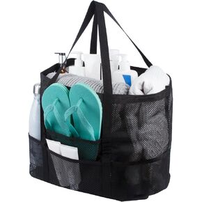 Extra Large Mesh Beach Bag, XL Mesh Foldable Swim Tote with with Zipper Multi Pockets for Cruise Vacation Essentials, Family Beach Trip - Black