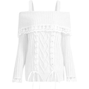 Women Off Shoulder Sweater Top Y2K Aesthetic Long Sleeve Lace Trim Knit Pullover Sweater Cutecore Kawaii Clothes