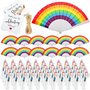 Geetery 80 Sets Rainbow Hand Fans with Paper Thank You Tag and Drawstring White Organza Bags Mesh Gift Bags Handheld Foldable Fan Folding Pride Wedding Fans for Guests Rainbow Wedding Party