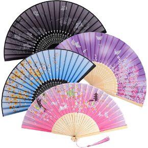 4 PCS Handheld Floral Folding Fans Chinese Japanese Vintage Foldable for Women Silk Bamboo Hand Held Fan with Fabric Sleeve for Dance Wedding Cosplay Party Decoration Gifts