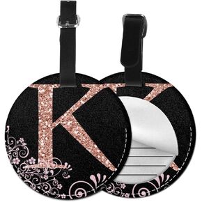 Luggage Tag Rose Gold Pink Floral Letter K, Pu Leather Bag Travel Suitcases Id Identifier Baggage Label for Women Men Boys Girls