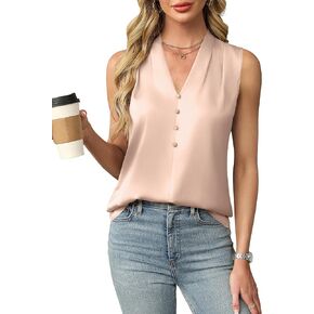 Blooming Jelly Womens Dressy Tank Tops Summer Sleeveless Work Blouses Silk Satin V Neck Shirts Business Casual Outfits