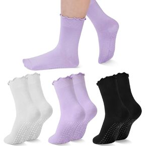 Jspupifip 3 Pairs Pilates Socks with Grips for Women Non Slip Ruffle Yoga Socks Cute Ruffle Socks for Women Pilates Ballet Barre Hospital Home