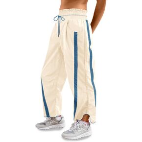 Fisoew Women's Baggy Wide Leg Pants Casual Drawstring Elastic High Waisted Contrast Color Workout Sweatpants Beige