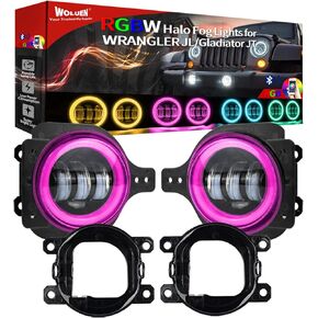 4 inch Fog light for Wrangler JL Gladiator Sport Fog Lights with RGBW halos Compatible with 2018-2023+ Wrangler JL JLU Unlimited Sport Rubicon Sahara with 2 Pairs Mounting Bracket,DOT Compliant