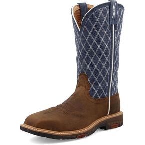Twisted X Women's 11" Western Work Boot, Square Toe Nano Toe with CellStretch, Brown & Blue, 6.5 B