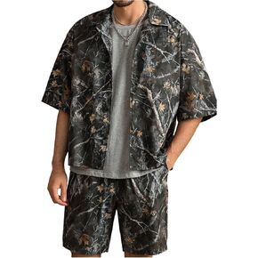 Gorglitter Men Men Camo Print Outfits 2 قطعة شورتات تعيين زر Boho لأسفل قميص وسراويل قصيرة الإجازات