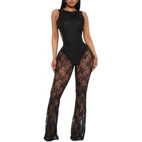 NIFTRIRY Sleeveless Black Jumpsuit for Women See Through Lace Jumpsuits Backless Sexy Outfits