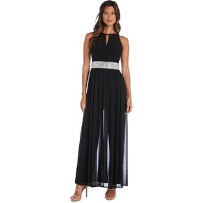 R&M Richards Elegant Halter Neck Jumpsuit W/Keyhole Detail, Rhinestone Waistband & Chiffon Overlay