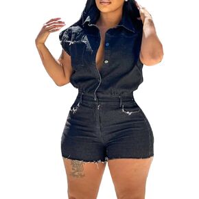Molisry Women's Summer Denim Rompers Short Sleeve Shirt Top V-Neck Elastic Waist Mini Jean Shorts Jumpsuit Streetwear