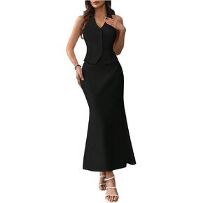 Floerns Women's Two Piece Outfit Halter Neck Button Down Vest Jacket with Skirt Set