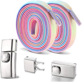 1 Pairs Colored Rainbow Shoe Laces, With Shoelaces Buckle Lock Metal Quick Easy Gradient Colorful Rainbow Shoelaces No Tie Flat Shoe Strings for Sneakers Cordones Para Tenis, 41"Long 7mm Wide