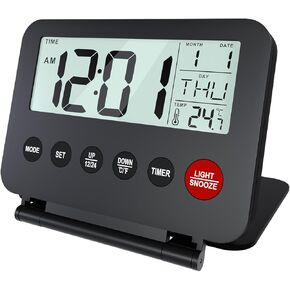 Small Digital Travel Alarm Clock by MMOBIEL – Foldable Battery-Operated Clock with Backlight, Snooze, Timer, Date & Temperature Display – Compact Portable Desk & Bedside Clock for Home & Travel Black