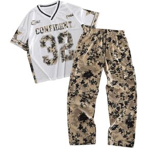 Men's 2 Piece Tracksuit Set Number Graphic Short Sleeve Mesh Jersey Shirts and Camo Cargo Pants