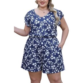 Celkuser Plus Size Romper for Women Casual Shulf Short Sleeve Empire Summer Summer مع جيوب