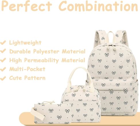 CAMTOP Backpack for School Kids Cute Backpacks for Girls Elementary Lighweight Bookbag with Lunch Box Pencil Case 3 in 1 (2-Black Bowknot) in Kuwait