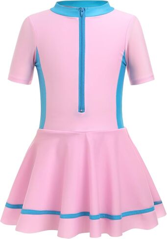 IDOPIP Girls Short Sleeve Swimsuit Summer One Piece Swim Dress with Boyshorts Beach Rash Guard Bathing Suit Swimming Suit in Kuwait