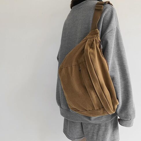 Unisex Slouchy Sling Bag, Large Fanny Pack with Multiple Compartments, Canvas Chest Purse Crossbody Bag, Adjustable Strap, Large Capacity (Orange) in Kuwait