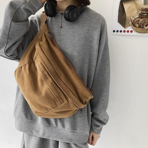 Unisex Slouchy Sling Bag, Large Fanny Pack with Multiple Compartments, Canvas Chest Purse Crossbody Bag, Adjustable Strap, Large Capacity (Orange) in Kuwait