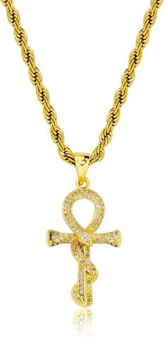 قلادة Jinao Ankh Cross للرجال 14K مطلي بالذهب - Snake ملفوف رمز مصري صليب مع Zirconia 5A ، 24 "سلسلة حبل المجوهرات الرجال in Kuwait