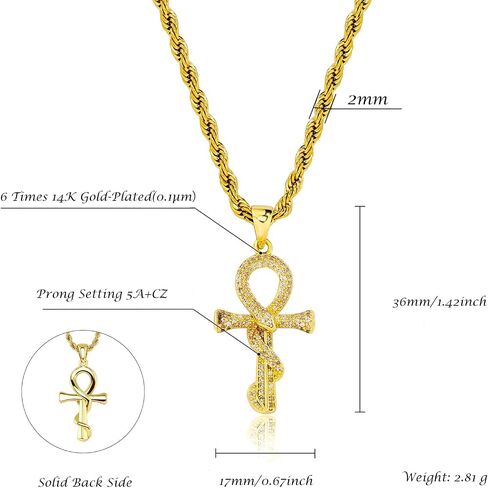 قلادة Jinao Ankh Cross للرجال 14K مطلي بالذهب - Snake ملفوف رمز مصري صليب مع Zirconia 5A ، 24 "سلسلة حبل المجوهرات الرجال in Kuwait